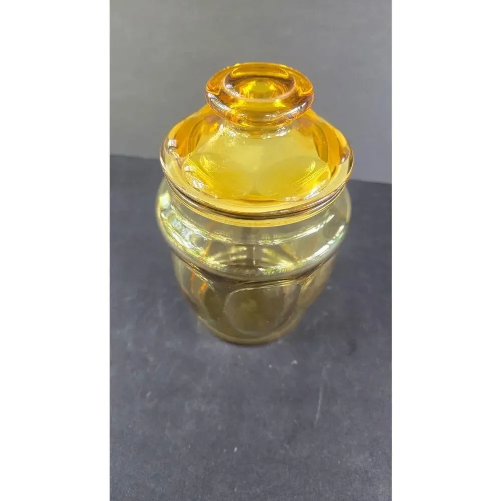 Vintage Amber Yellow Pressed Bubble Glass Jar With Lid Round Canister Kitchen